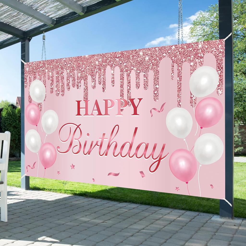 Pink Birthday Banner - Happy Birthday Banner Backdrop Decorations Sign Party Supplies