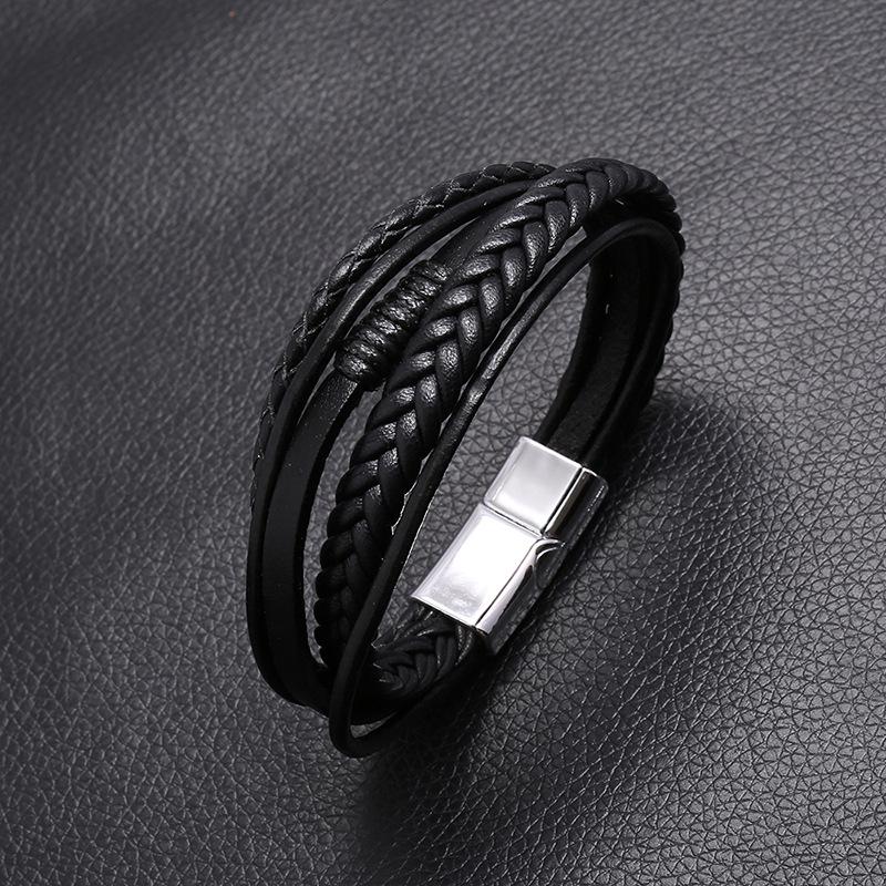 Men's Leather Bracelet Magnetic-Clasp Cowhide Braided Multi-Layer Wrap Bangle Stylish Accessory for Men