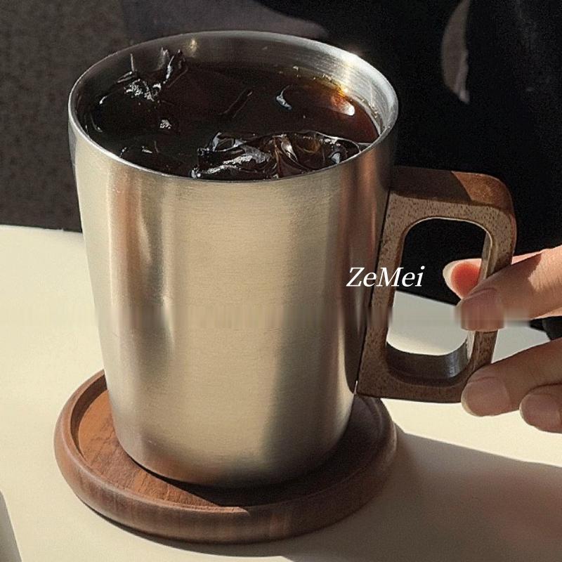 304 Stainless Stee Double-layer Coffee Cup,300 Ml Wooden Handheld Beer Mug,Gray Cold Drink Portable Outdoor Camping Travel Mug