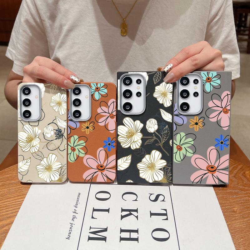 Blumendruck Matte TPU Leder Textur Handyhülle für Samsung S25 Ultra S24 FE S23 S22 S21 A56 A36 A16 A15 A55 A35 Schlanke stoßfeste weiche Rückseite