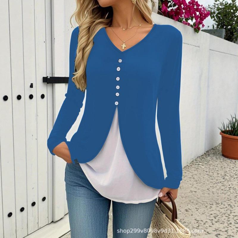 Spring and Autumn Women's New V-neck Women's Sexy Casual Contrast Color