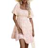 2025 New European and American Style Bubble Sleeve Printing Dress Summer Square Collar Waist Thin Floral Dress Women
