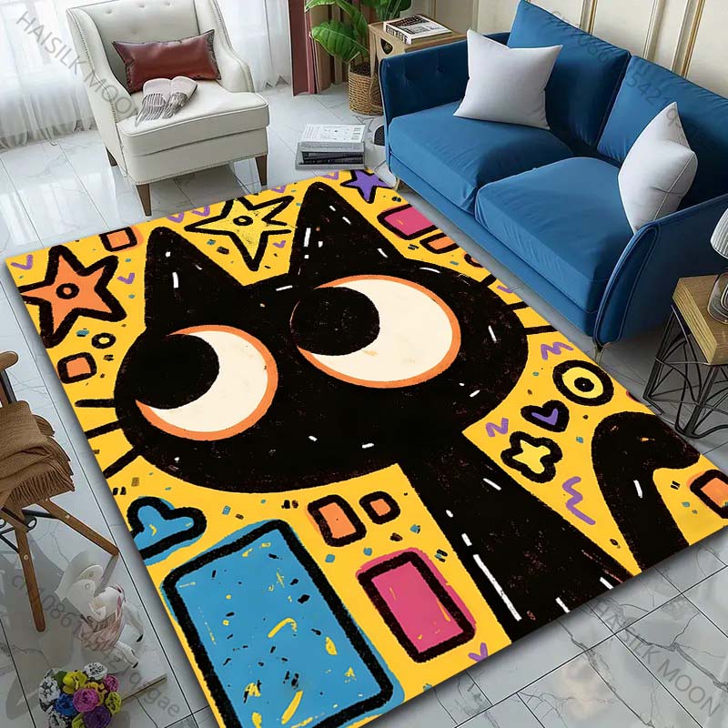1PC Black Cat with Colorful Background Carpet for Living Room Bedroom Sofa Home Decor Rus Non-slip Floor Mat Luxury Gift