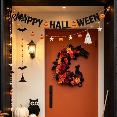 Weather Resistant Door Wreath Halloween Black Cat Moon Wreath, Gothic Crescent with Party Supplies Artificial Rose Flowers for Home Front Porch