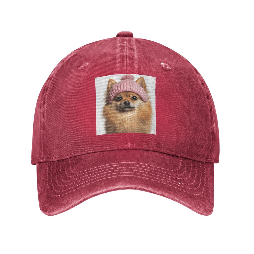 Cozy Pomeranian Dog Wearing Pink Winter Hat Trendy Animal Denim Fabric Cap Baseball Caps Adjustable Hat Unisex Baseball Hats