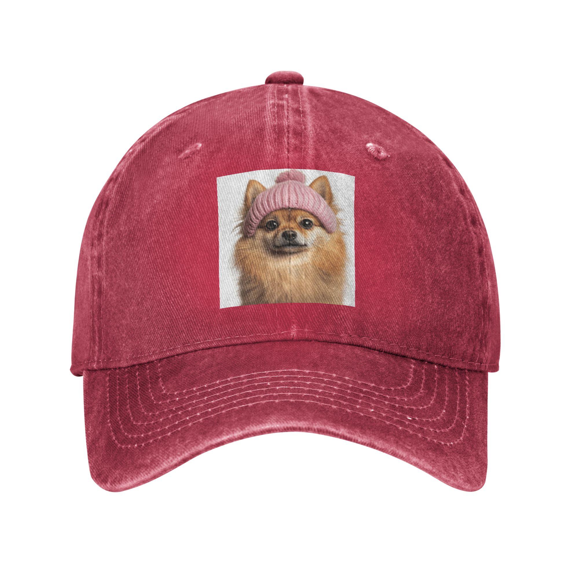 

Cozy Pomeranian dog Wearing Pink Winter Hat Trendy Animal Denim Fabric Cap Baseball Caps Adjustable Hat Unisex Baseball Hats One Size