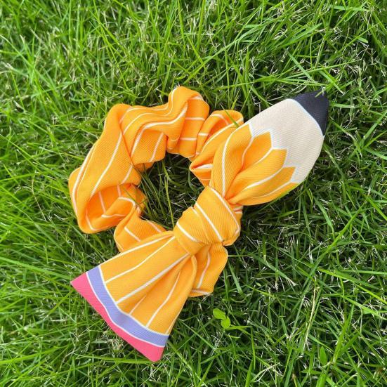 Women Hair Rope Yellow Striped Pencil Bowknot Decor Hair Tie