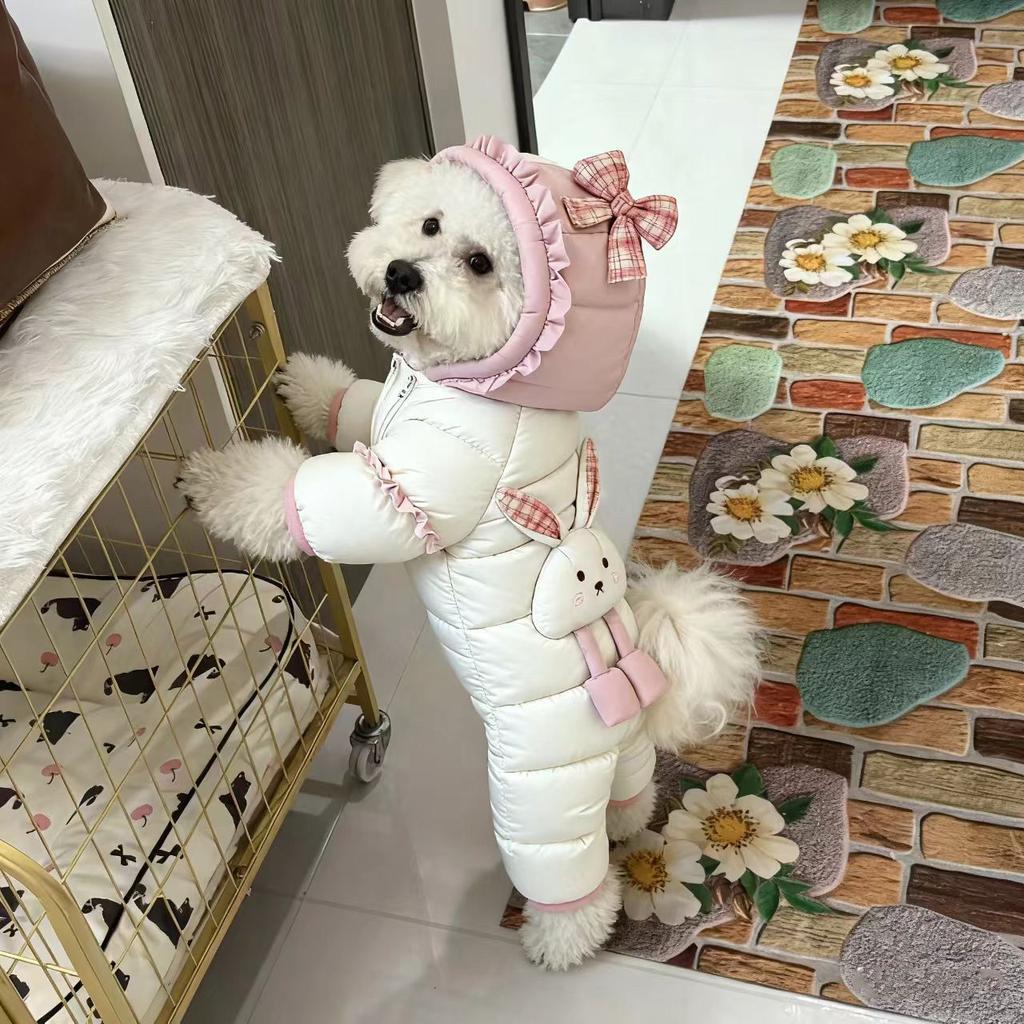 Warm Winter Dog Rompers,4 Legs Thicken Puppy Overalls, Dogs Down Jacket For Small Medium Breeds,Cute Bunny Design With Pockets