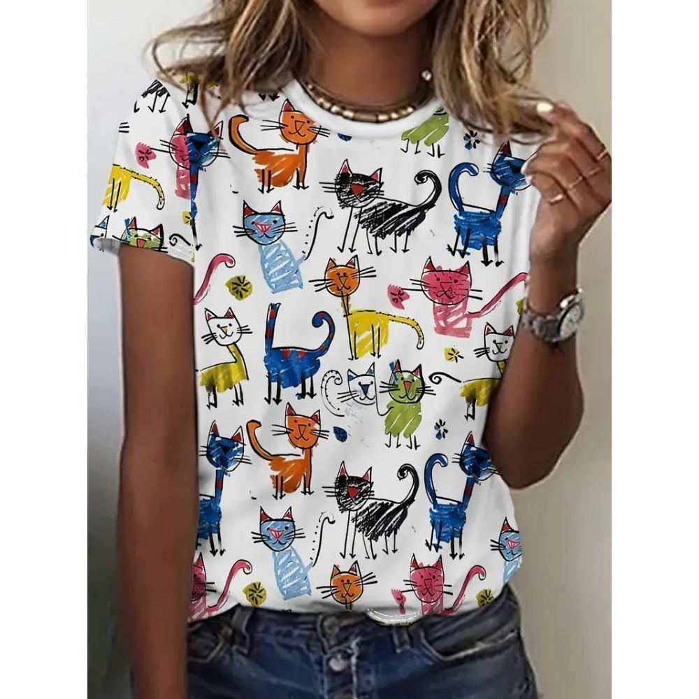 Schäferhund Katze T-Shirts Tier Muster 3D Druck Damen O-Ausschnitt Kurzarm T-Shirt Street Y2k Harajuku T-Shirts Tops Damenbekleidung