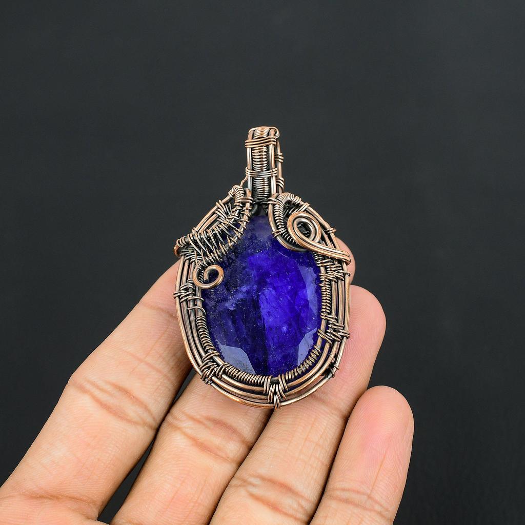 Blue Sapphire Pendant, Handmade Gemstone Pendant, 999 Copper Wire Wrapped Pendant Antique Jewelry, For Engagement Gift