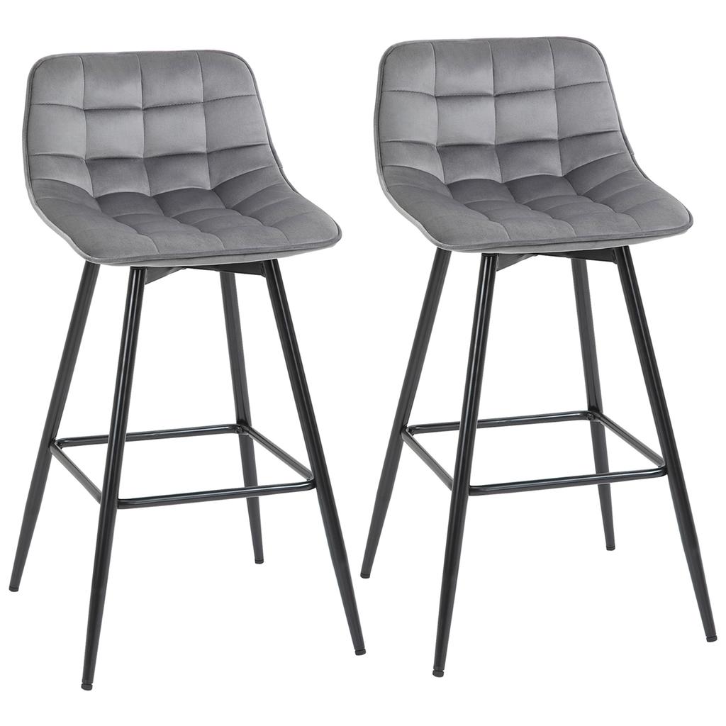Set of 2 Tall Stools In Nordic Style with Backrest and Footrest, Stools with Backrest In Velvet Effect Fabric and Metal, 45x47x88 Cm, Grey