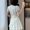 Zen-Style Jacquard Stand Collar Short Sleeve Irregular Chiffon Tea Dress