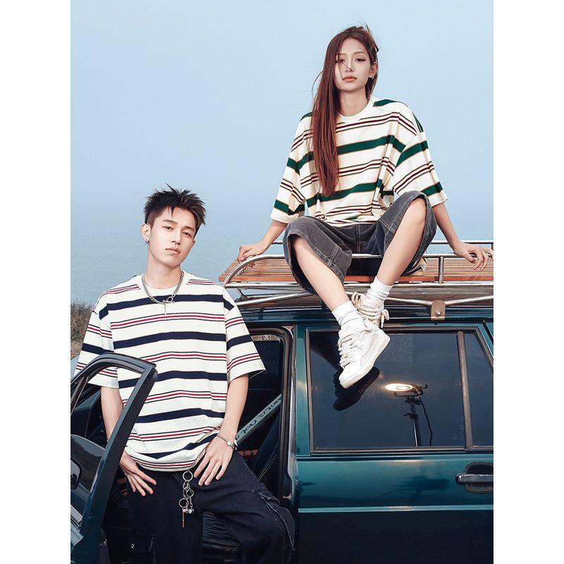 Wassup Heods Retro Japanese-Style Striped Short-Sleeve Unisex Summer 2024 New National Trend Brand Couple T-Shirt
