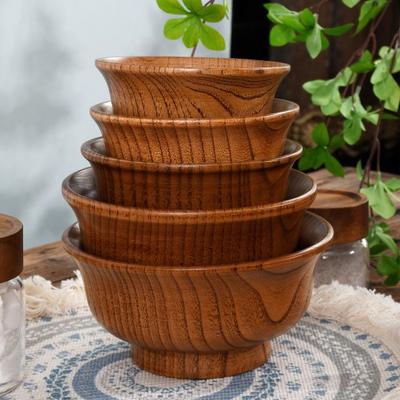 190/240/300/425/475 ml Holzschüssel, wiederverwendbar, umgekehrter Rand, rund, verdickt, verbrühungssicher, hochfüßig, Reisschüssel im mongolischen Stil, Küchenutensil