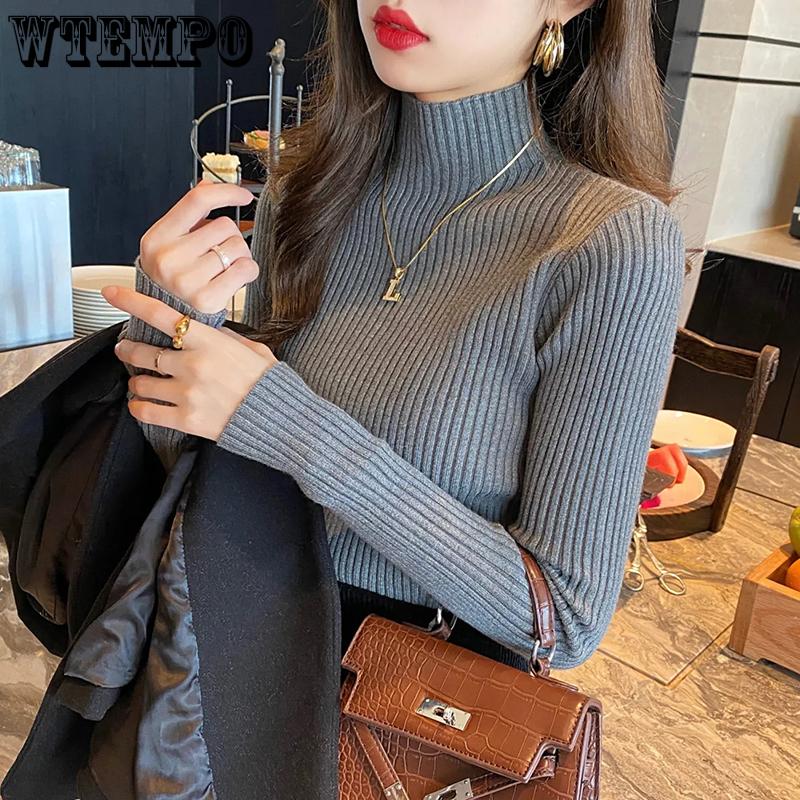 Solide schlanke Pullover Frauen gestrickte Pullover halb High Neck Langarm Topd Bottoming Shirt Jumper