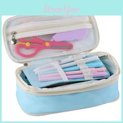 Versatile Macaron Color Canvas Pencil Case With Spacious Compartments And Dual Zippers