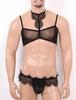 Mens Sissy See Through Sheer Mesh Lace Trim Lingerie Set Bra Top and Open Butt Brief Thong