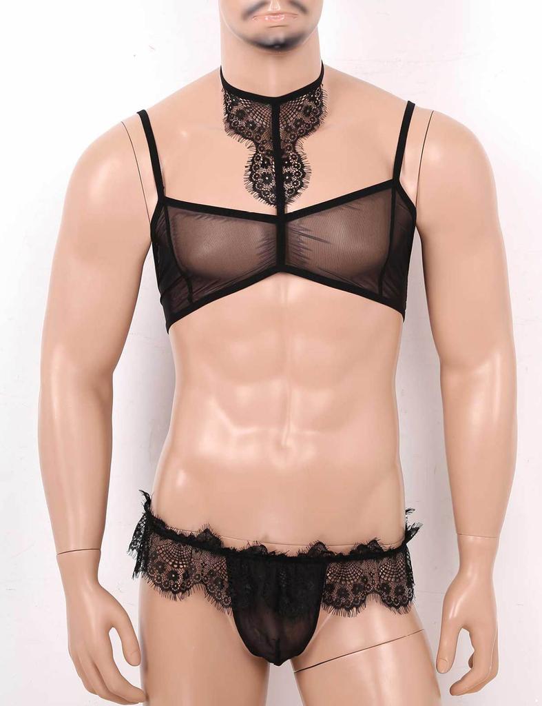 Mens Sissy See Through Sheer Mesh Lace Trim Lingerie Set Bra Top and Open Butt Brief Thong