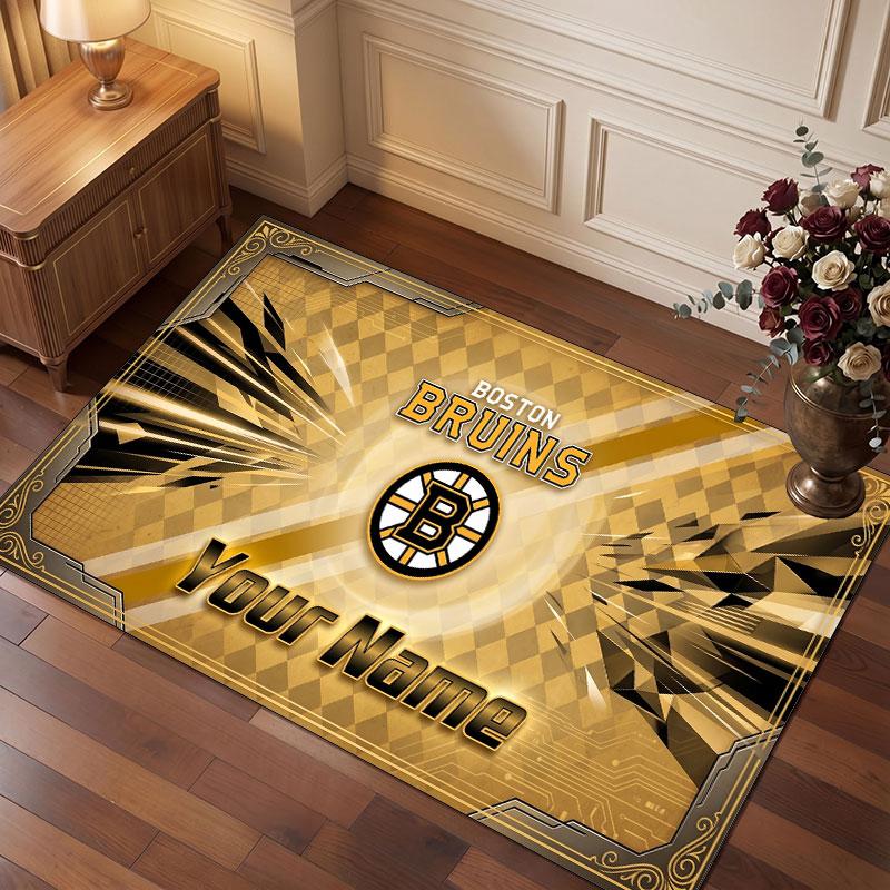 Tappeto in Cristallo Vellutato Personalizzato Boston Bruins, Tappeto Morbido Antiscivolo con Testo Nome Personalizzato per Soggiorno Camera da Letto