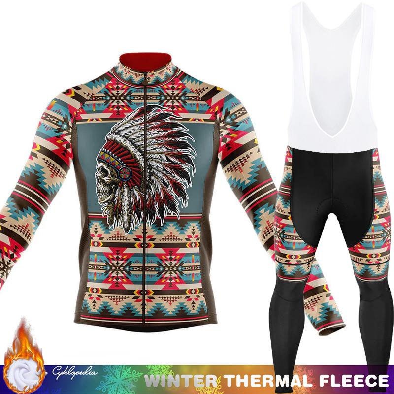 Men's Cycling Pants Fleece Jersey Skull Sets Long Sleeve Thermal Shirt Mens Clothes Clothing Winter Man Outfit Suit Termal Retro