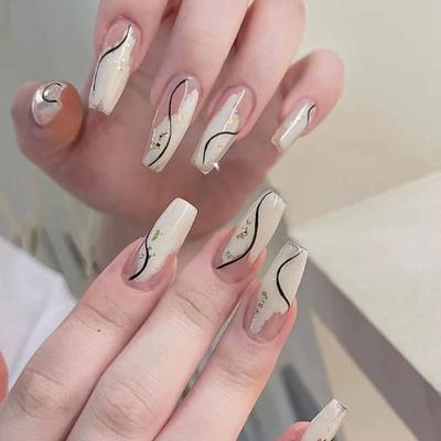Juego de 24 uñas postizas largas con forma de bailarina y brillo, color negro, con pegatinas para uñas
