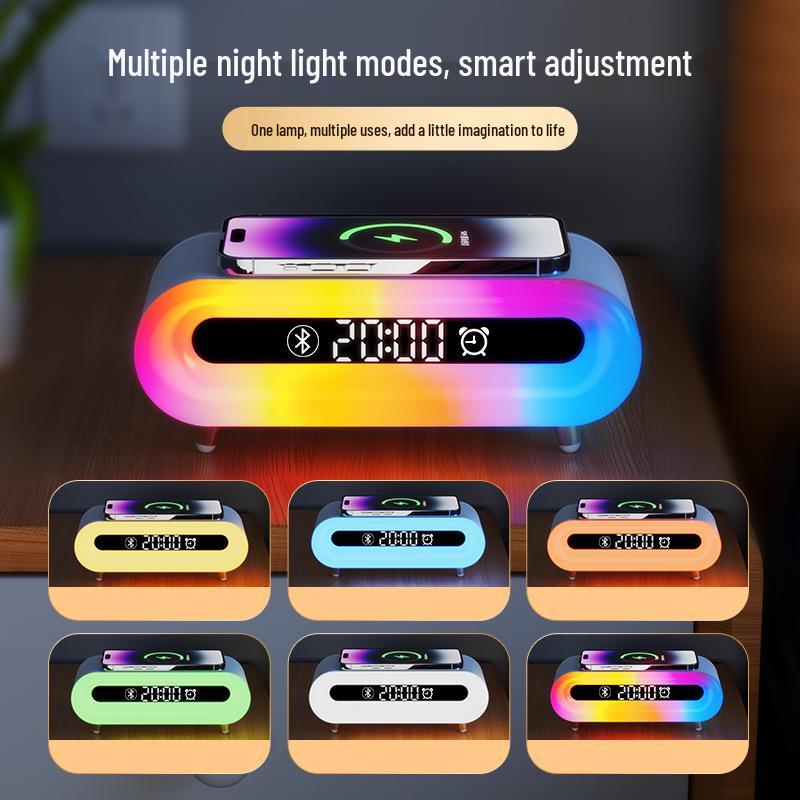 2025 Multifunktionales kabelloses Ladegerät & Bluetooth-Lautsprecher mit buntem Nachtlicht & Wecker - Ideales Geschäftsgeschenk für Gäste