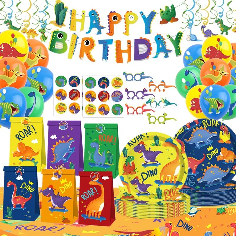 Geschirr-Ballon-Set mit Cartoon-Dinosaurier-Motiv, für Kindergeburtstage, Einweggeschirr, Veranstaltungsort-Dekoration, Fotografie-Requisiten