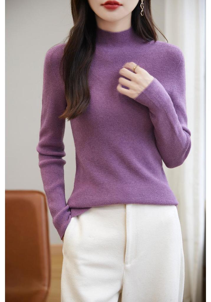 Women's Seamless Ribbed Mock Neck Sweater - High-Grade Texture for Autumn & Winter