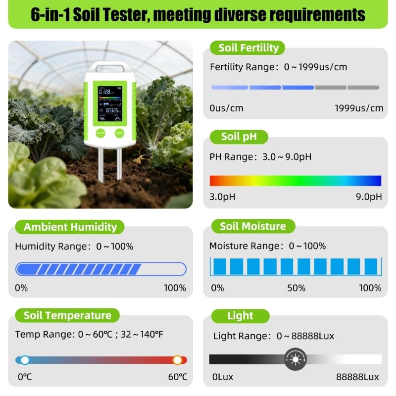 6 In 1 Soil Testing Meter Set Measure Humidity Acidity Sunlight And Heat For Gardening Farm And Greenhouse Indoor Plant
