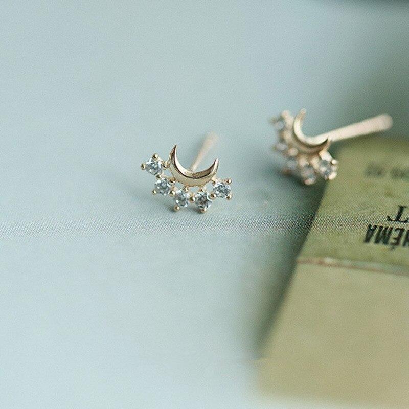 925 Sterling Silver Plating 14K Gold Plating Crystal Moon Stud Earrings Women Cute Jewelry