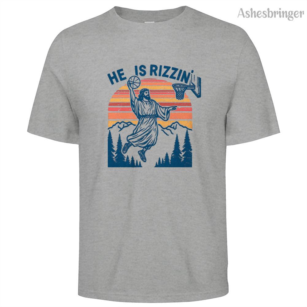 Mens Cotton He Is Rizzin Graphic Easter Jesus Christian Basketball T Shirt Street Casual Style Tee for Men and Women