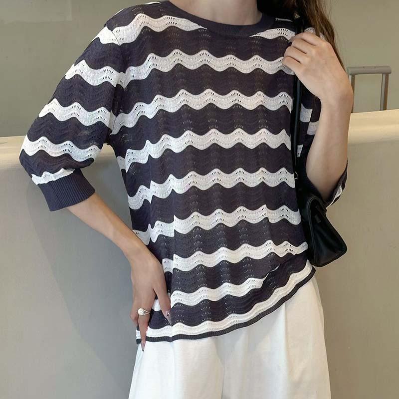 

Пряжа васи простая футболка с круглым вырезом и рукавом средней длины, контрастной расцветки, с полосатым низом, женский вязаный свитер с полым узором, новинка начала осени 3XL