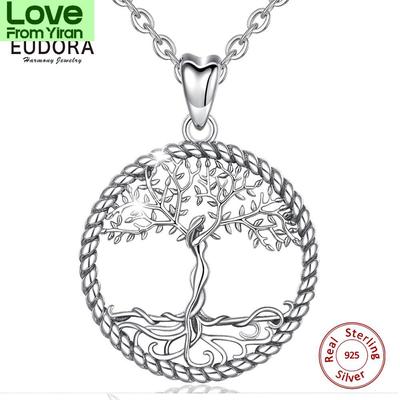 Collar Colgante Árbol de la Vida de Plata de Ley 925 Plata Maciza Hoja de Árbol y Collar de Diosa Joyería Vintage Con Caja D475