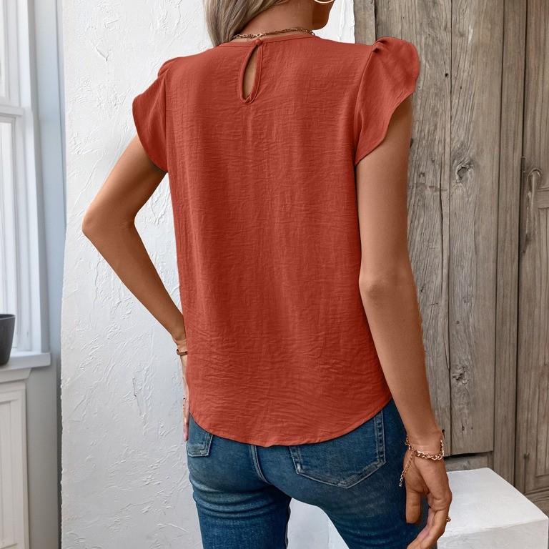 Casual Round Neck Pullover Short Sleeved T-Shirt Solid Color Leaf Sleeve Top For Women