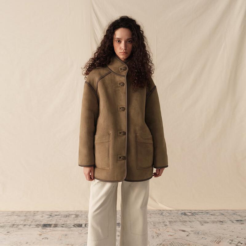 GREEN BELT Faux Lamb Fleece Spliced Short Coat