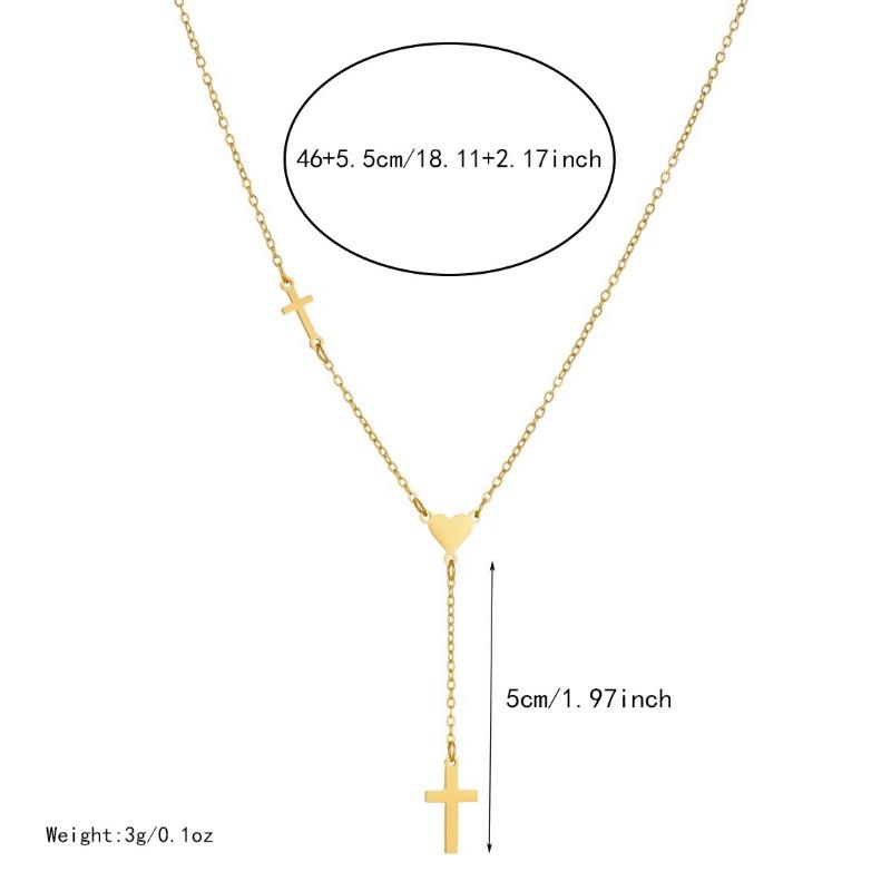 Gold Plated Stainless Steel Cross and Heart Lariat Necklace for Women