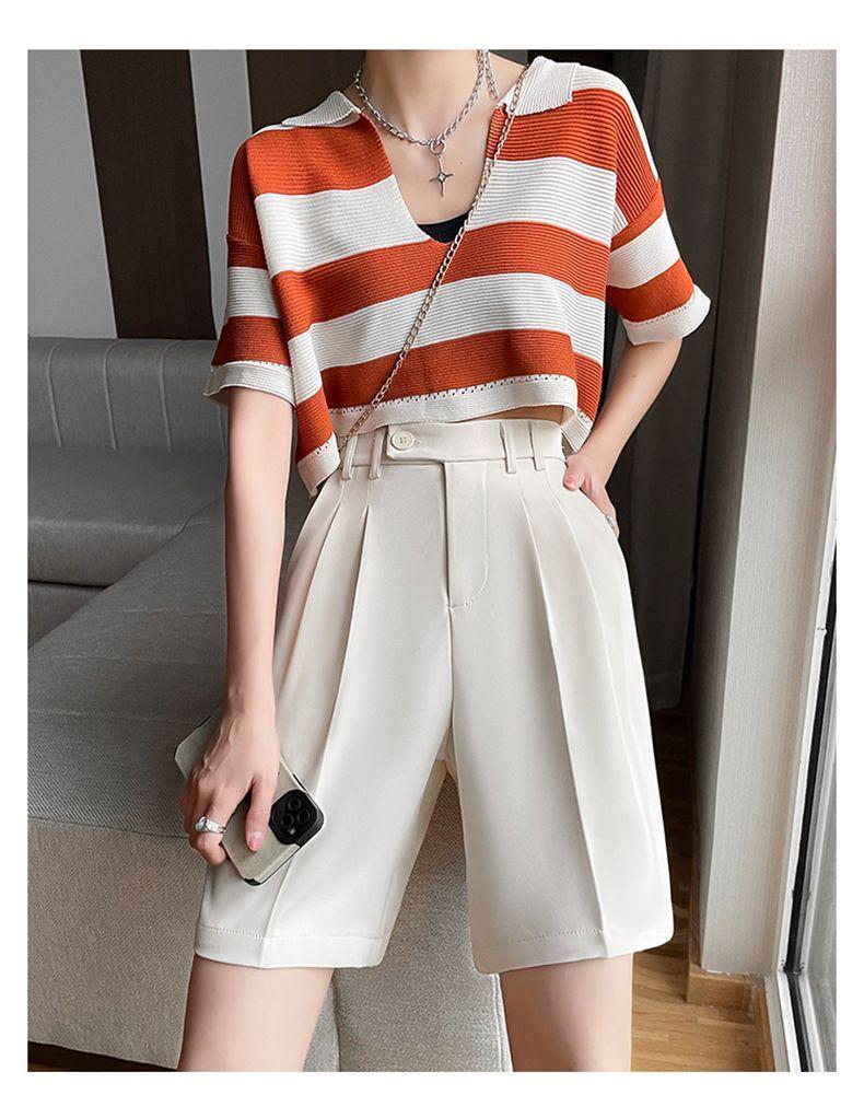 Women's High-Waist Black Bermuda Shorts: Summer, Loose, Straight-Leg, Slimming A-Line, Hong Kong Style.