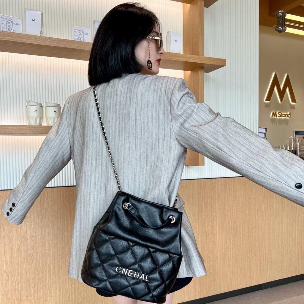 Genuine Leather Bag for Women Bucket Bag Diamond Lattice Chain Strap Bags Bucket