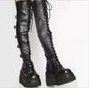 Gothic Overknee Stiefel Damen Plateau Wedges Motorradstiefel Overknee Army Stripper Heels Punk Schnürgürtel Schnalle Lang