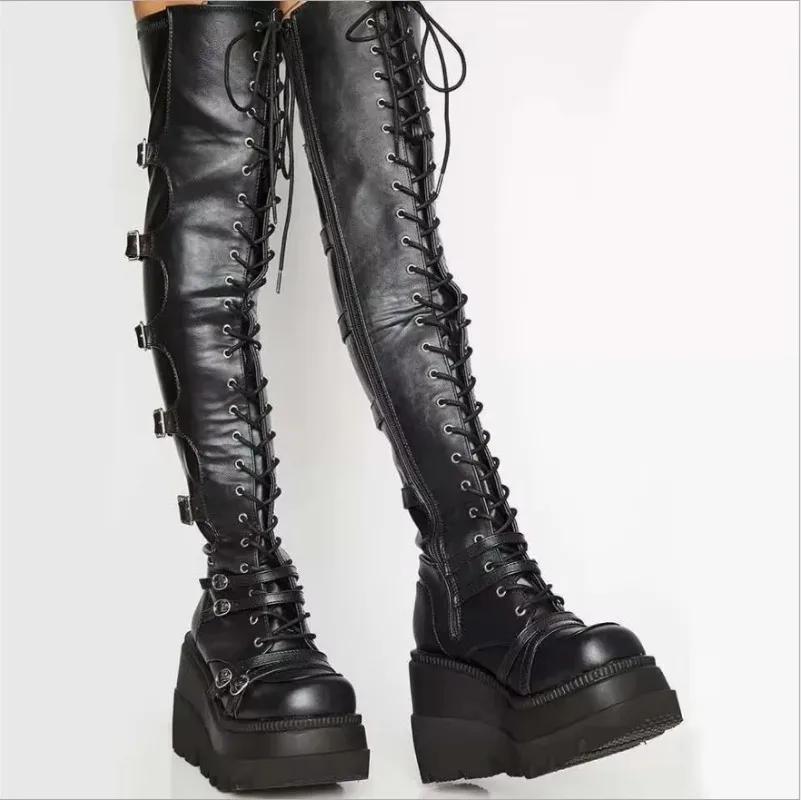 Gothic Overknee Stiefel Damen Plateau Wedges Motorradstiefel Overknee Army Stripper Heels Punk Schnürgürtel Schnalle Lang