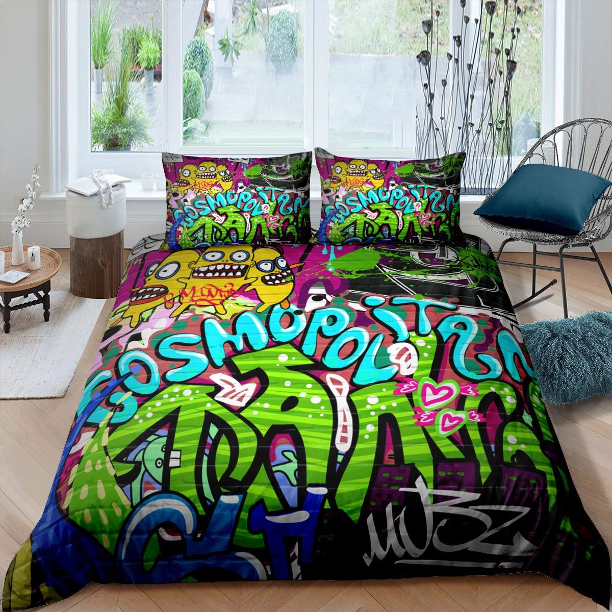 

Дитячий постільний комплект Графіті, Покривало в стилі Хіп-хоп Вуличне мистецтво для хлопчиків та дівчаток, Модний декор Покривала Акварельний живопис 140x200cm 3pcs