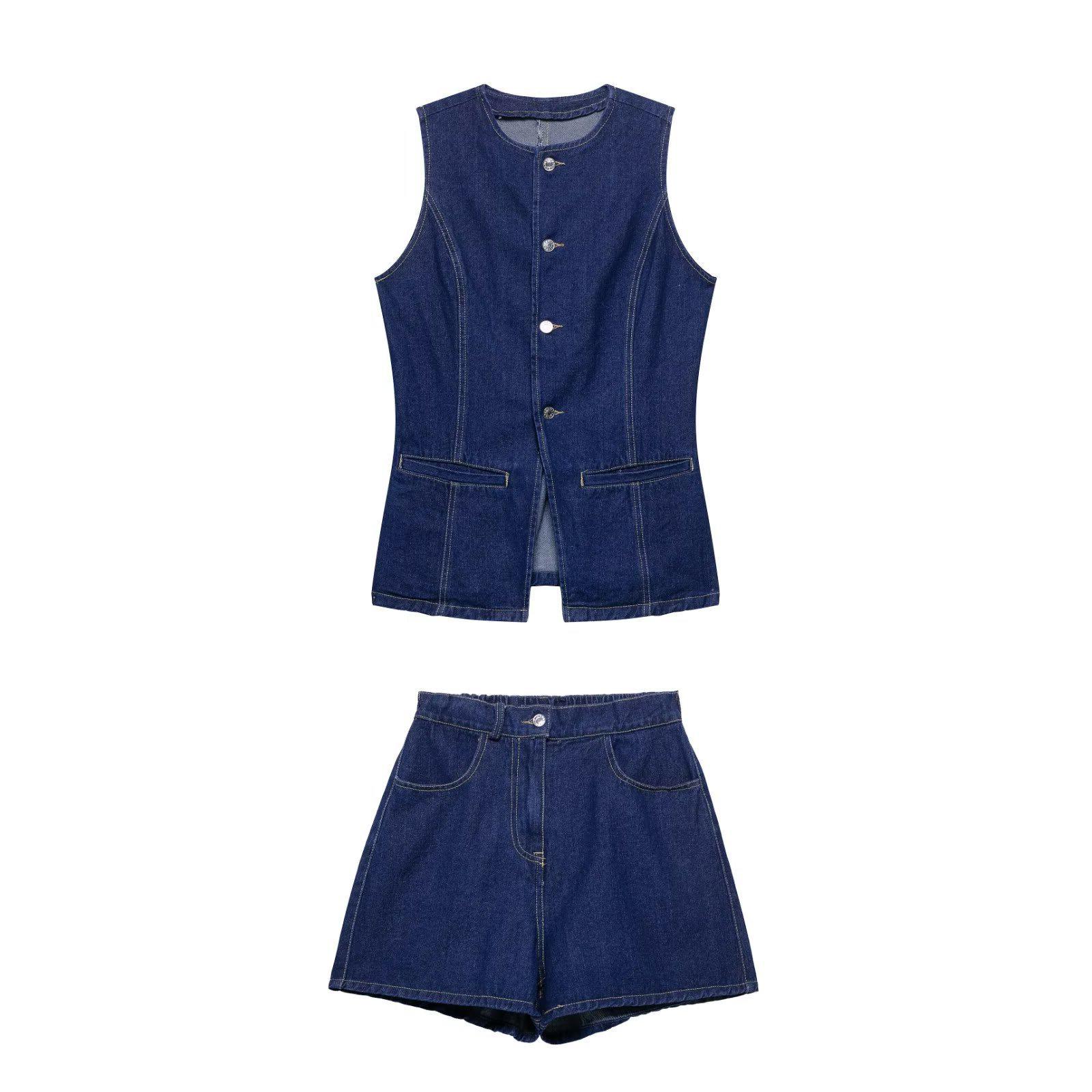 

TAOP&ZA Summer Women s Elegant Denim Vest and High-Waist Shorts Set L