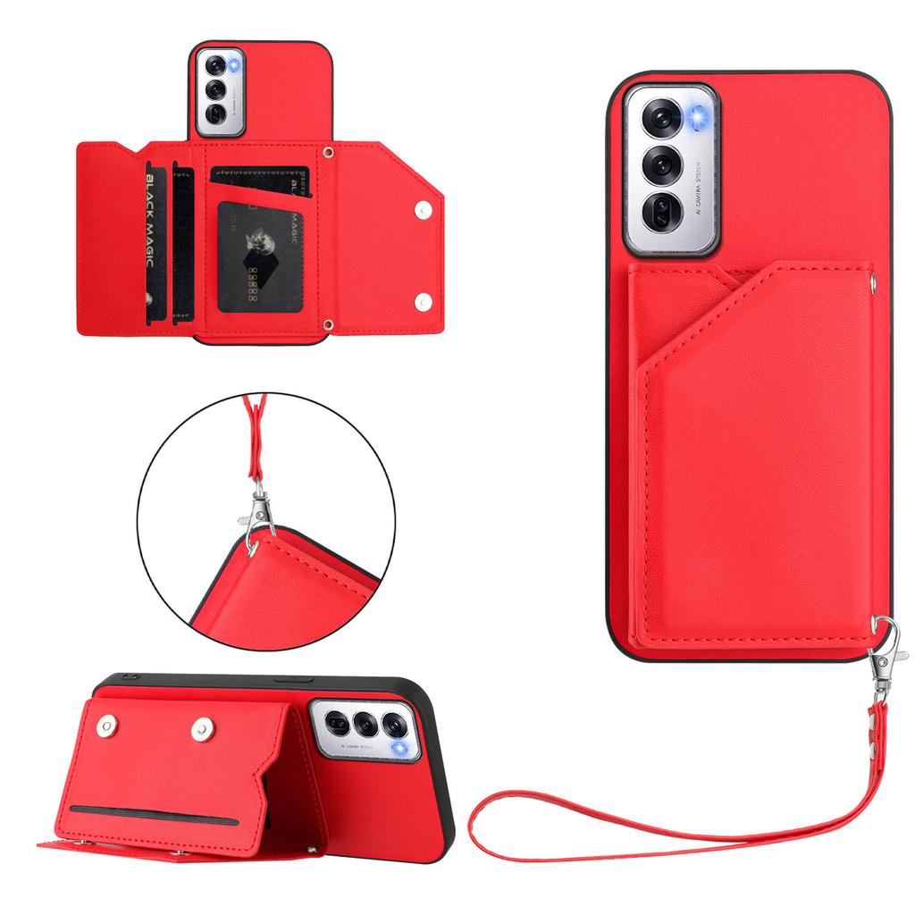 For Oppo Reno12 5G (Global) Case Card Holder Kickstand Skin-Touch Phone Cover with Wrist Strap