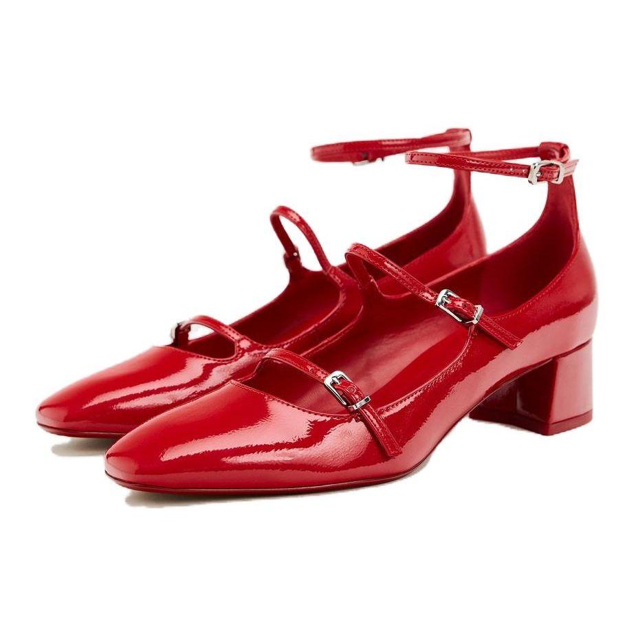 Zara Pu Strap High Heel Chunky Mary Jane Shoes 4Cm Women Shoes Red 12216310600
