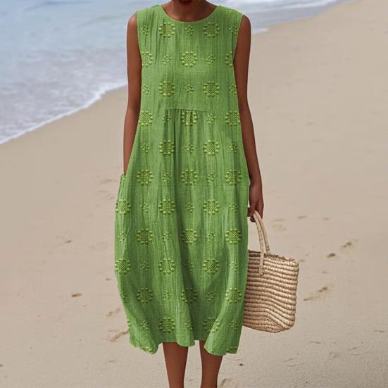 Women's Sleeveless Tank Dress 3D Printed Crew Neck Tunic Dress Casual Beach Vacation Sundress with Pockets
