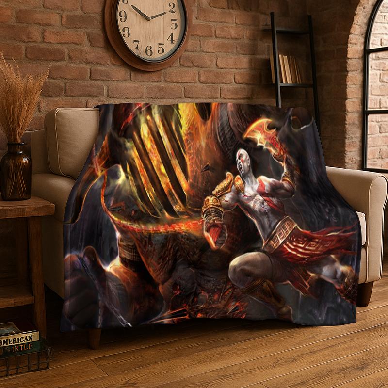 Retro God of War Game Kratos Flannel Blanket Soft Warm Throw Blanket for Bedroom Living Room Bed Travel Camping Picnic Gift