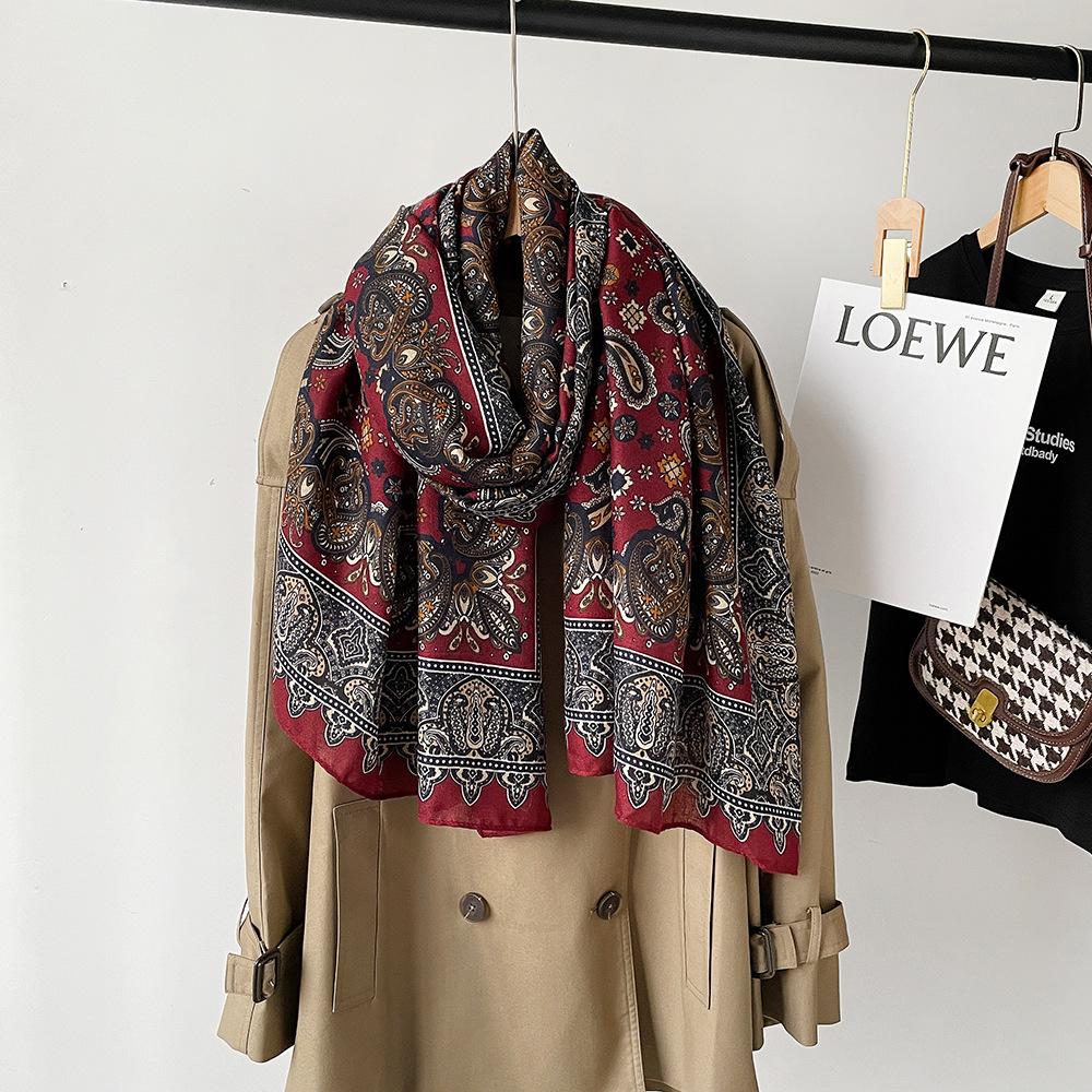 New cotton and linen scarf women's autumn high-end silk scarf soft cashew print angora red shawl headscarf