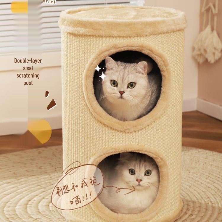Compact Cat Tree & Bed with Enclosed Two-Layer Design, Scratching Board, Sisal Barrel - All-Season