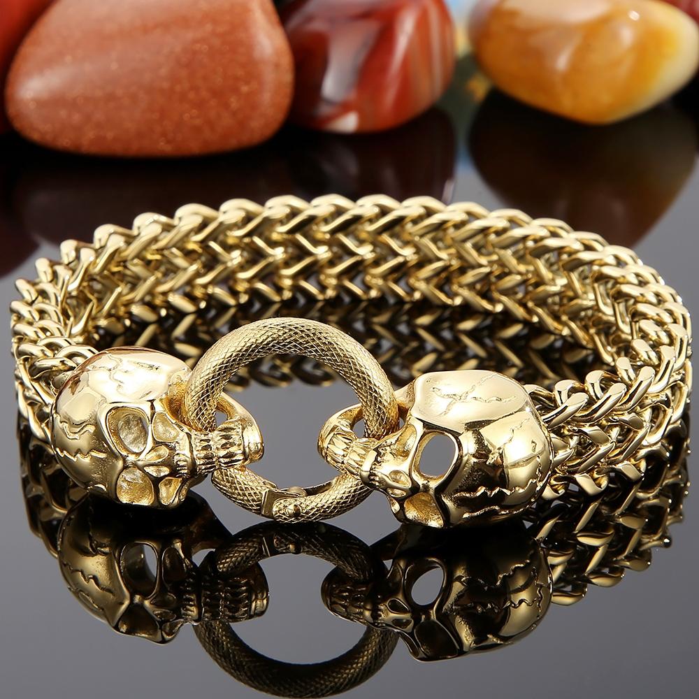 Punk Rock Double Skull Head Face Design Men's Bracelet 11MM Width Stainless Steel Square Franco Link Chain Skeleton Jewelry Male