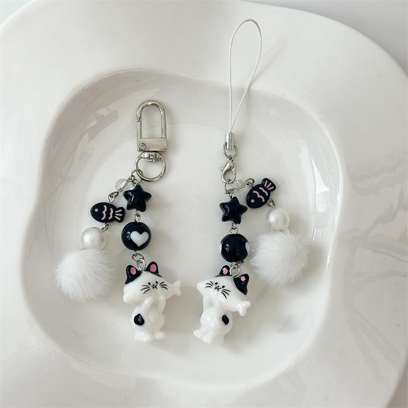 Cute Kitten Cat Fur Ball Bead Keychain Pendant Star Fish Charm Lanyard Girl Phone Chain Lovely Backpack Bag Ornament Couple Gift